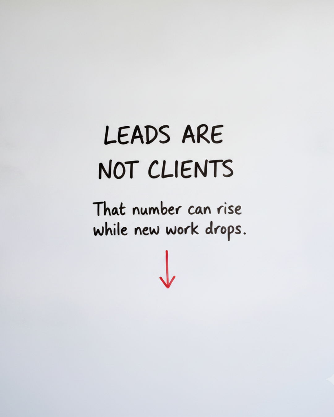 Whiteboard with the words Leads are not clients written in black marker, above a short downward arrow drawn in red