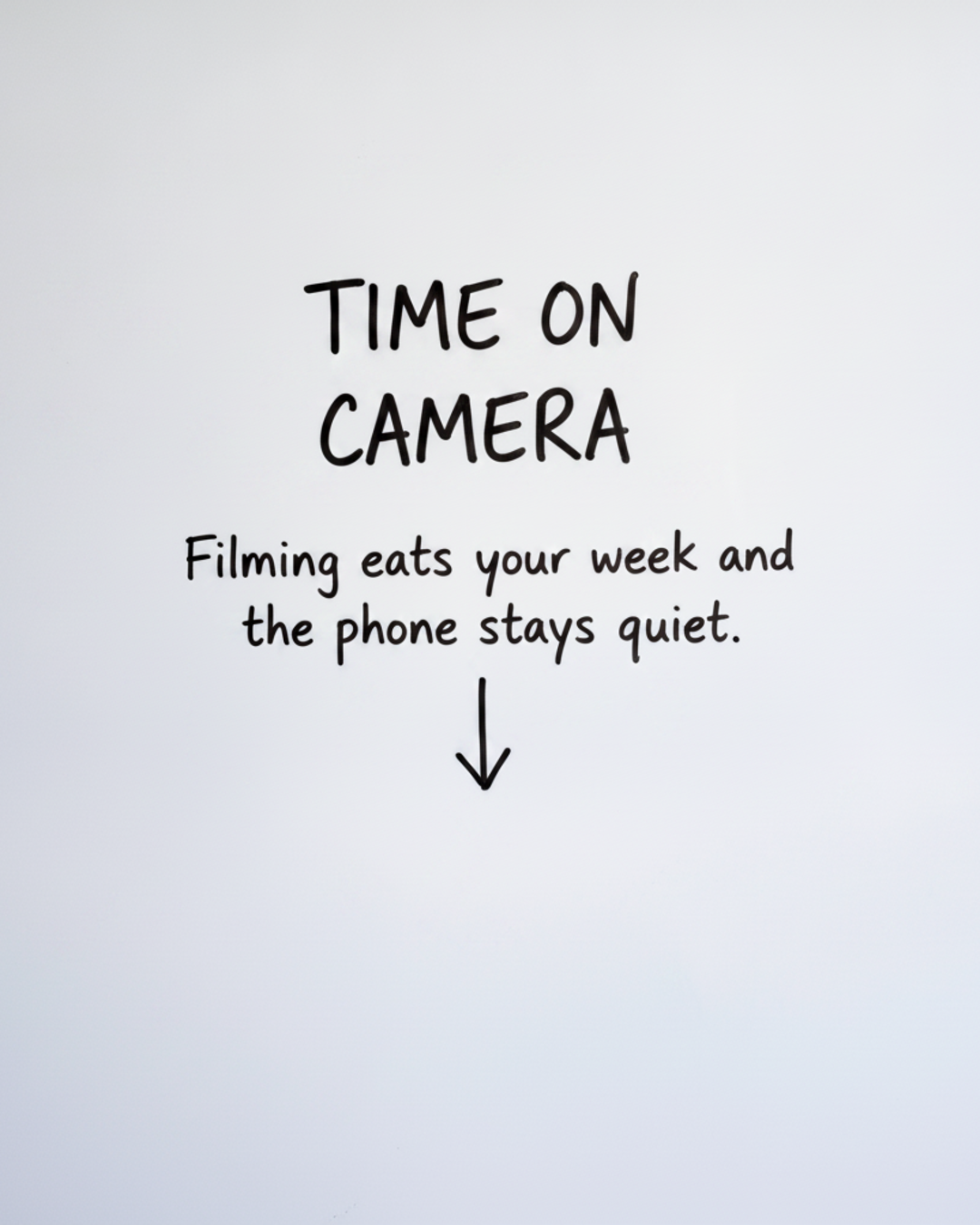 Whiteboard with the words TIME ON CAMERA in black marker, a line about filming, and a downward arrow drawn beneath