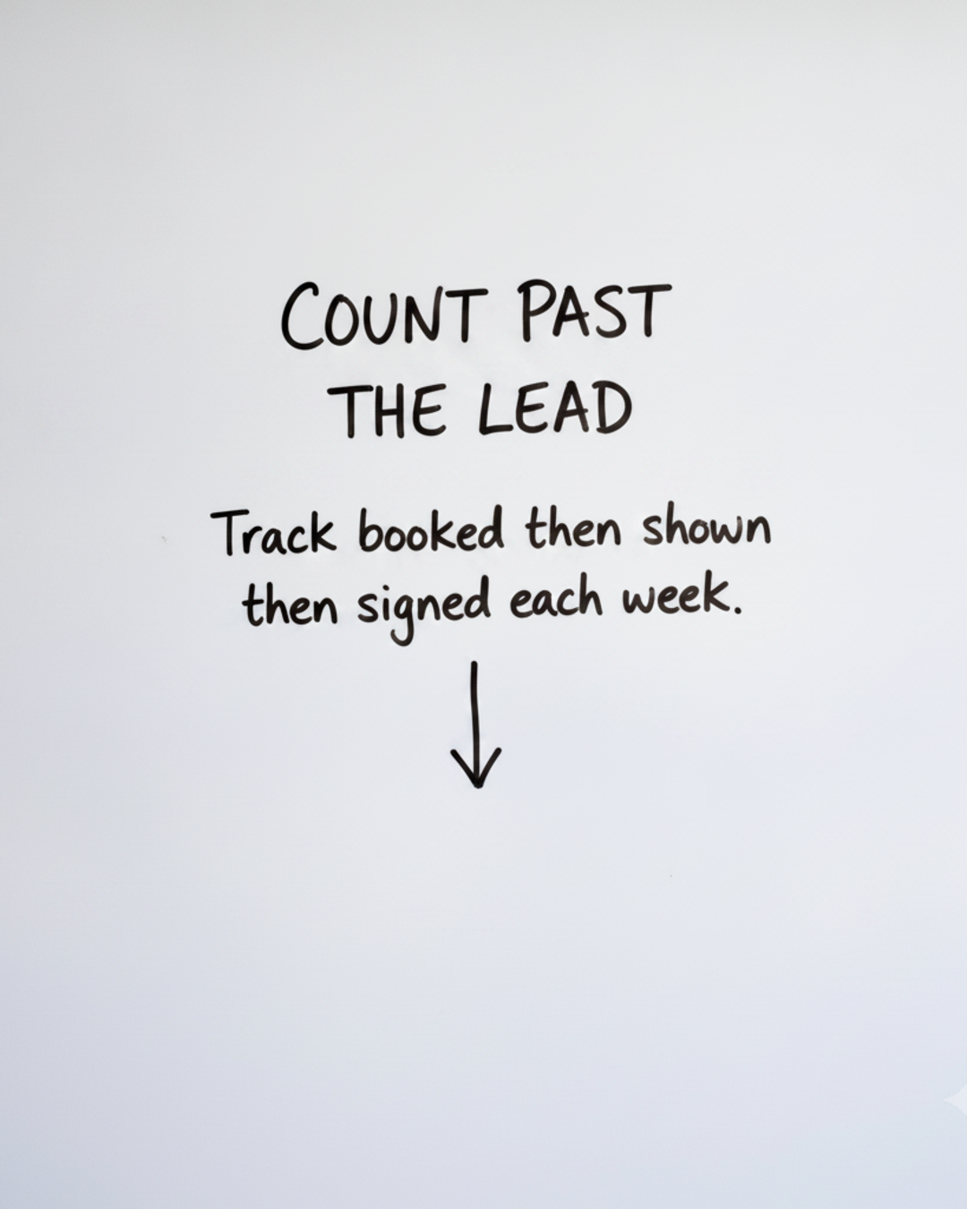 Whiteboard with the words Count past the lead written in black marker, above a short downward arrow