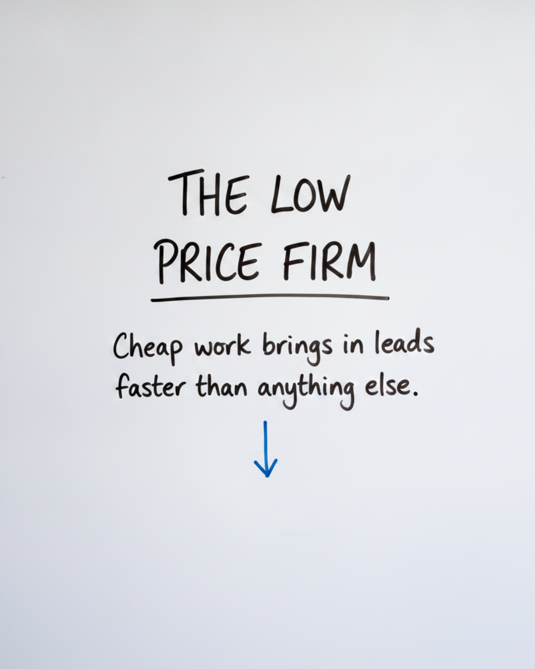 Whiteboard with the words THE LOW PRICE FIRM in black marker above a short downward arrow in blue