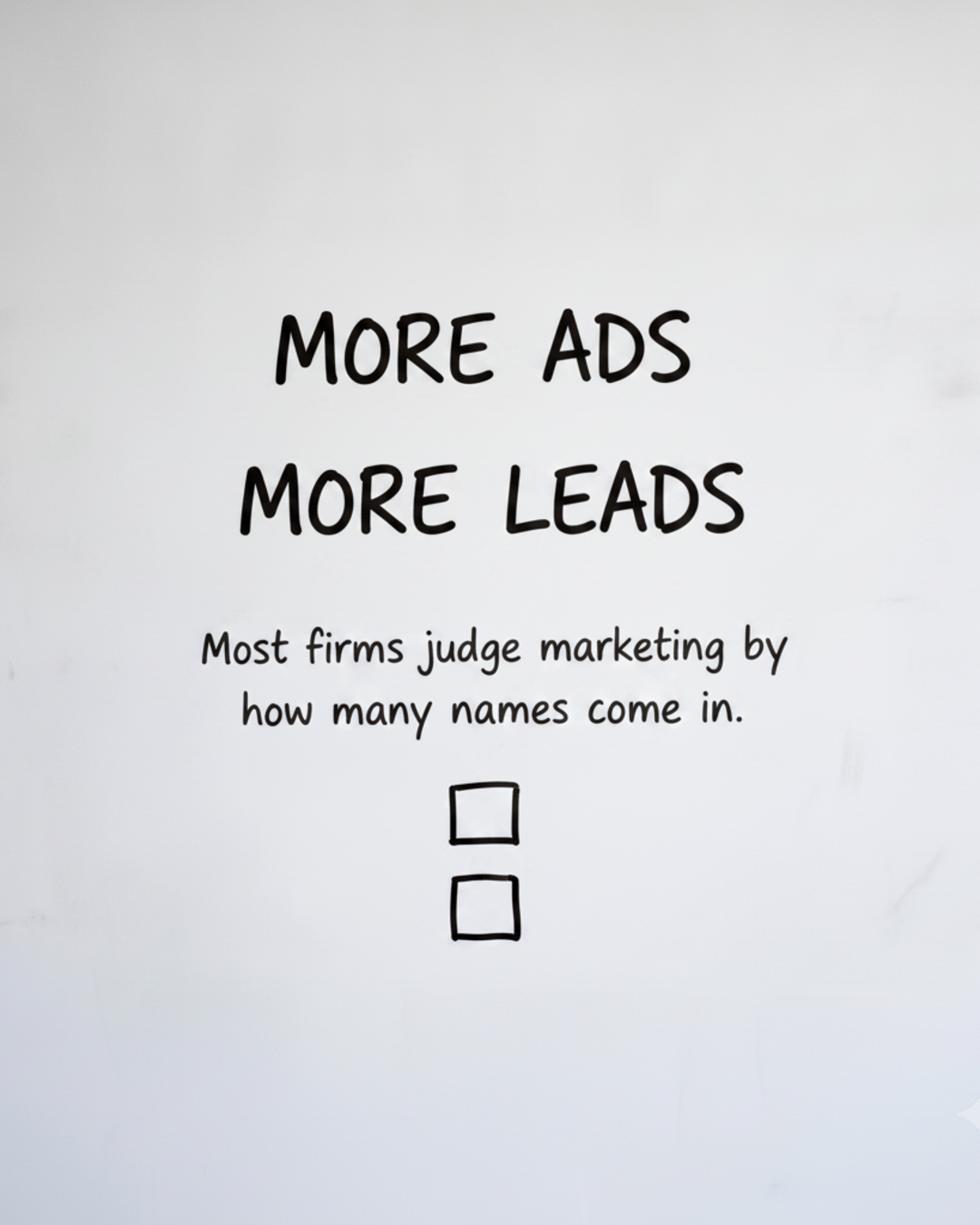 Whiteboard with the words MORE ADS MORE LEADS in black marker above two small empty boxes