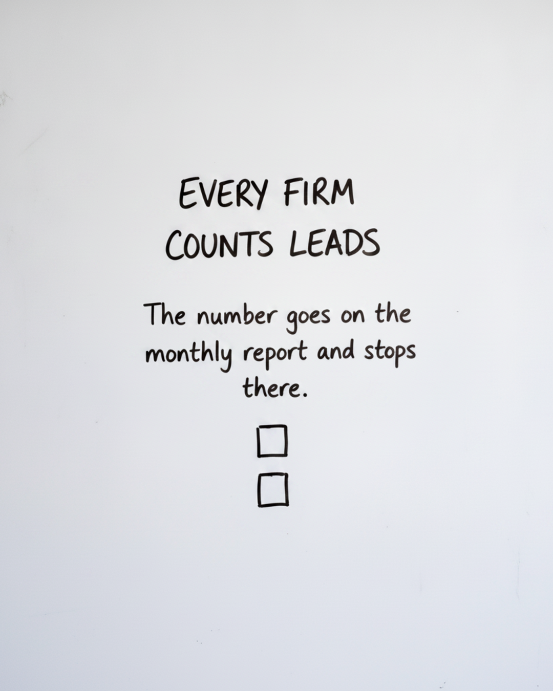 Whiteboard with the words EVERY FIRM COUNTS LEADS written in black marker above two small boxes