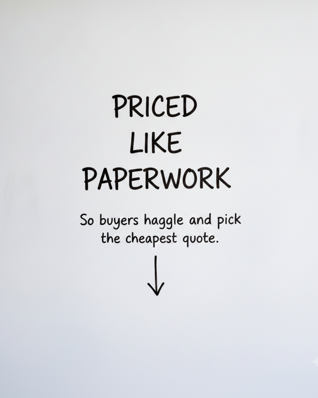 Whiteboard with the words Priced like paperwork written in black marker above a downward arrow
