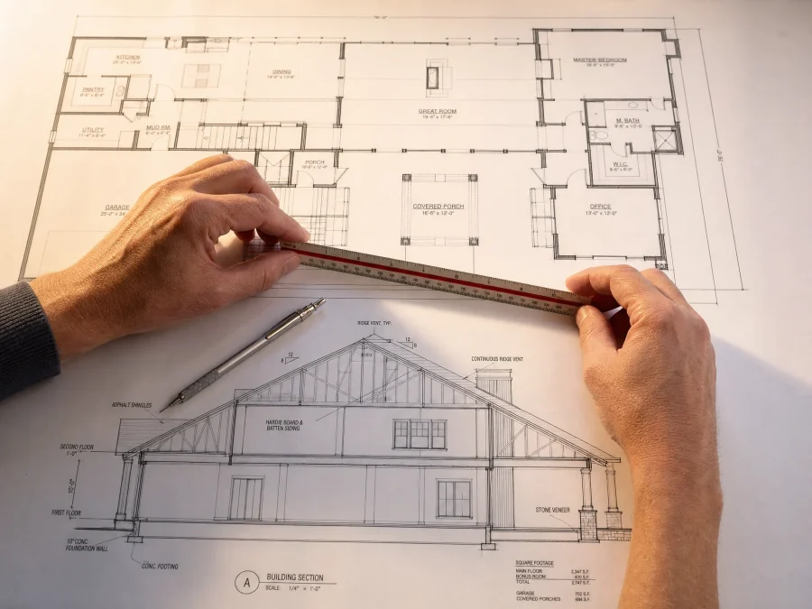 Designer reviewing garage conversion permit drawings before contractor bidding