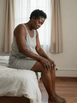 Nigerian adult sitting on the edge of the bed with stiff knees in the morning