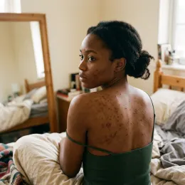 Heat-driven back breakouts and acne marks on Nigerian skin