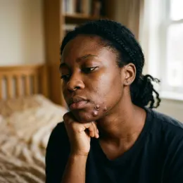 Painful deep jawline breakout on Nigerian woman's chin