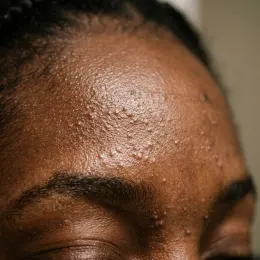 Closeup of bumpy forehead texture — closed comedones on Nigerian skin