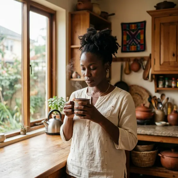 Nigerian woman standing in her warm morning kitchen holding a ceramic cup — Vibrant Woman Journal