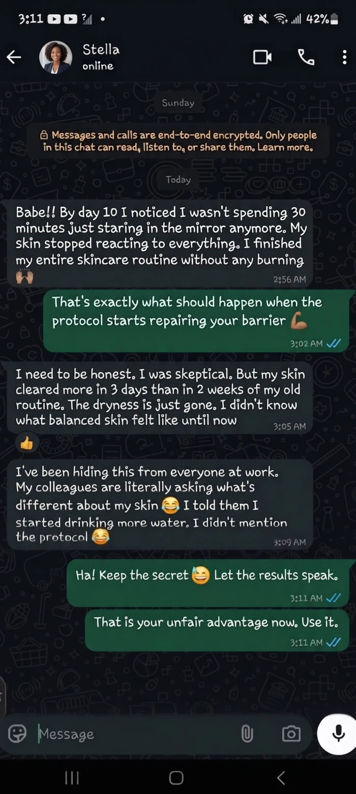 Real WhatsApp results from women using the Skin Honey Protocol