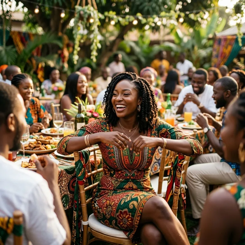 A confident Nigerian woman in a fitted ankara dress laughing at a family gathering — representing the transformation documented in the Grandmother Slim Secret protocol