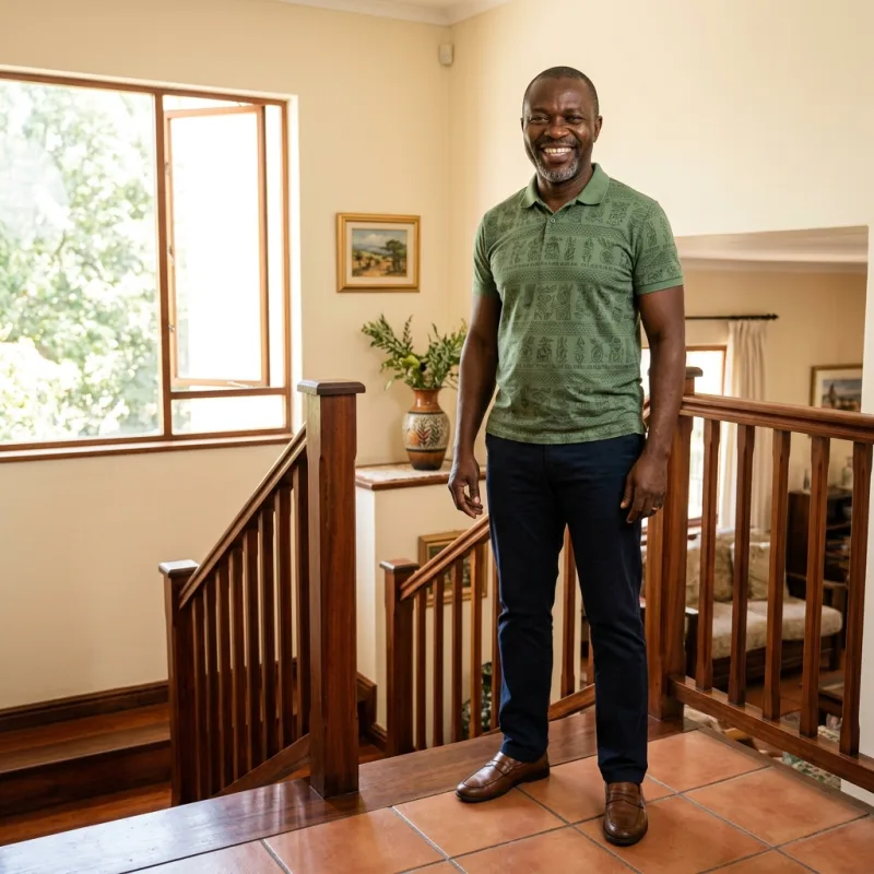 A Nigerian man in his 50s standing confidently at the top of his staircase, smiling