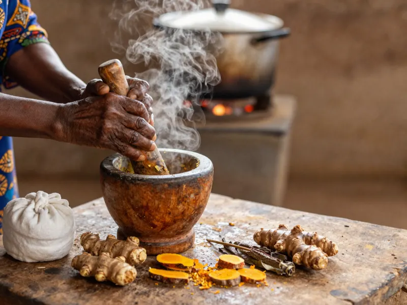 Weathered hands grinding ginger and turmeric in a wooden mortar