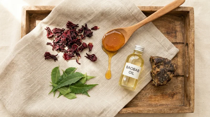 African botanical skincare ingredients — raw neem, honey, hibiscus, baobab oil