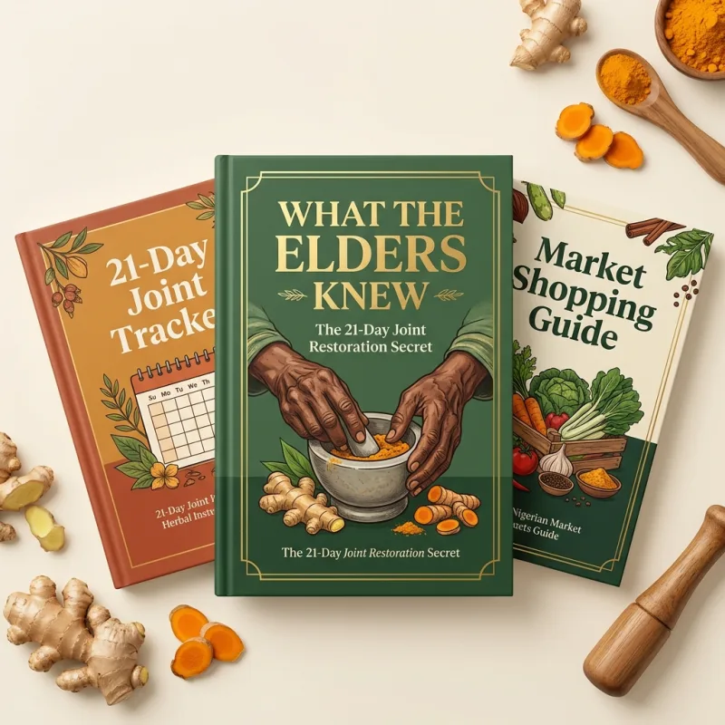 The three-book bundle of What The Elders Knew, the 21-day joint restoration guide, surrounded by fresh ginger and turmeric