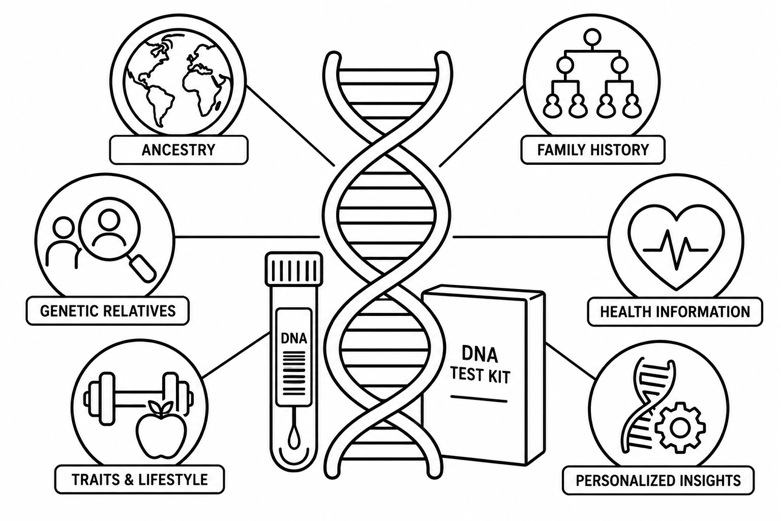 Infographic showing a DNA test kit and double helix connected to icons for ancestry, family history, health information, genetic relatives, and personalized traits.