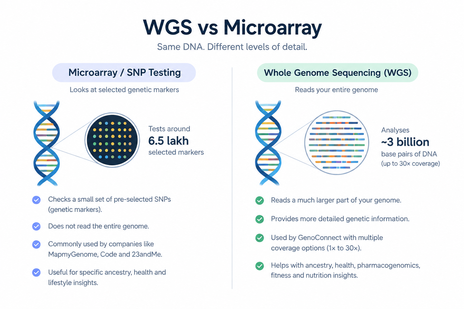 Comparison of microarray testing and Whole Genome Sequencing (WGS), showing selected genetic markers versus broader genome coverage.