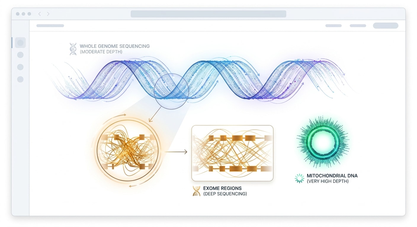 Illustration of 5× whole genome sequencing combined with 100× whole exome sequencing and high-depth mitochondrial sequencing.