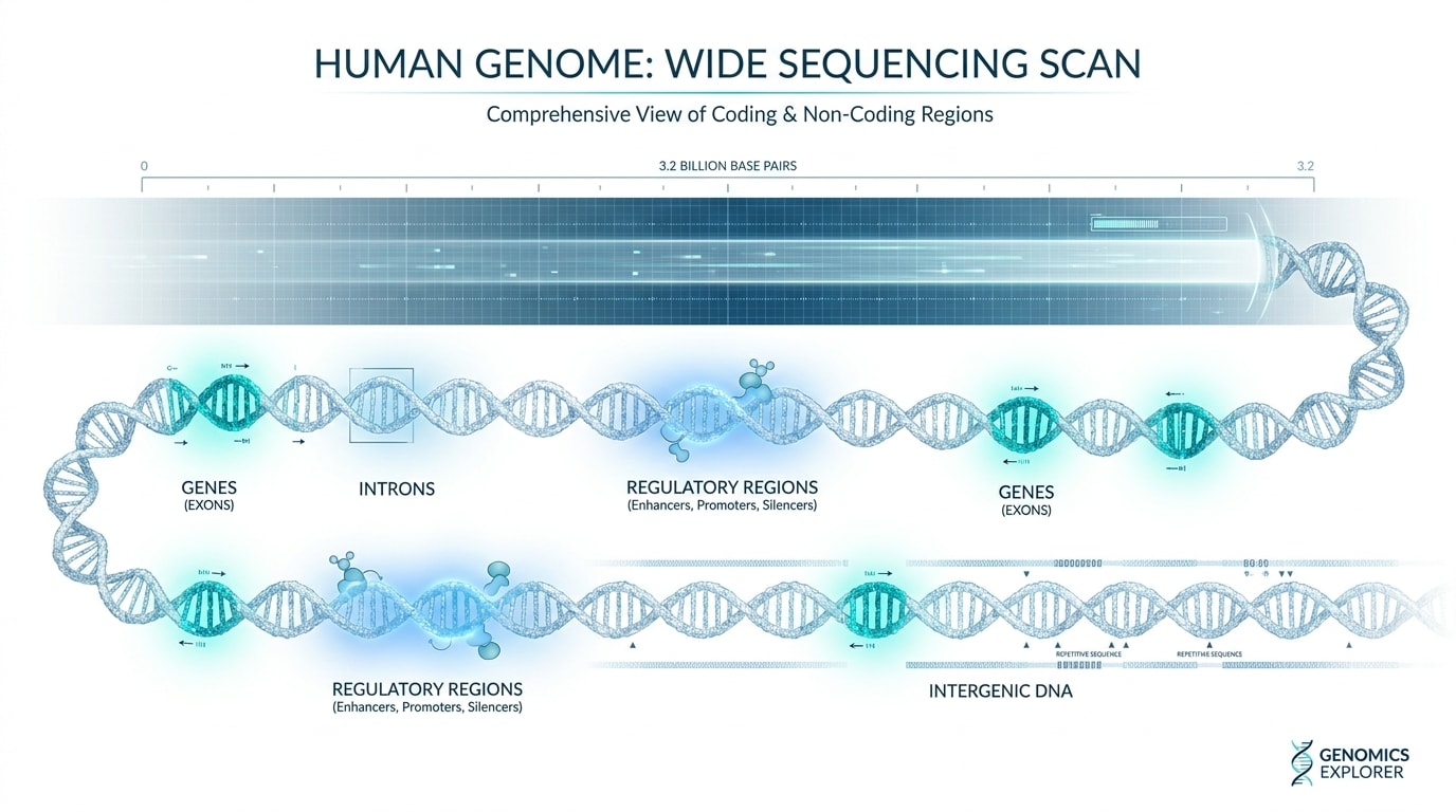 Illustration showing whole genome sequencing across coding and non-coding regions of human DNA.