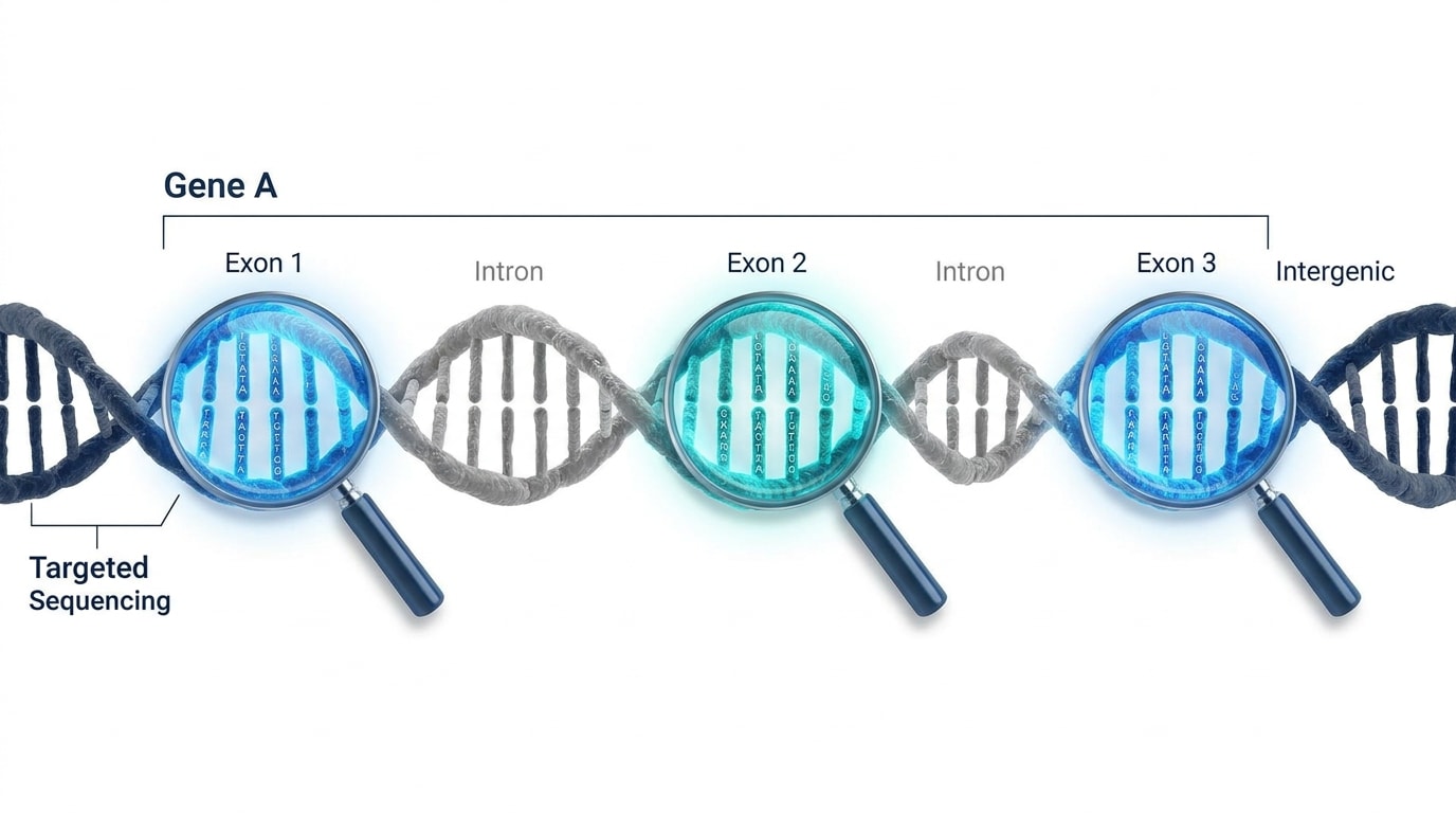Illustration highlighting exons as the primary regions examined during whole exome sequencing.
