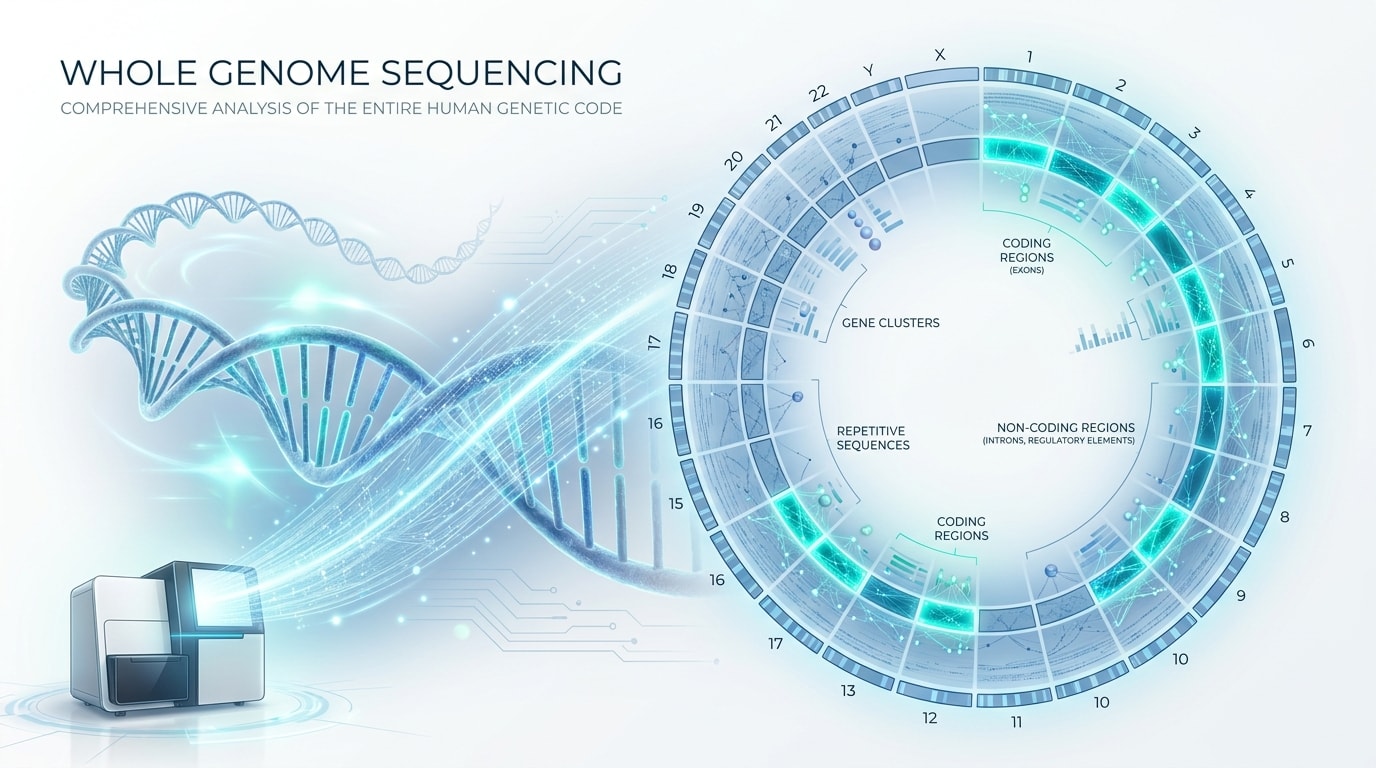 Scientific illustration showing whole genome sequencing across coding and non-coding regions of the genome.