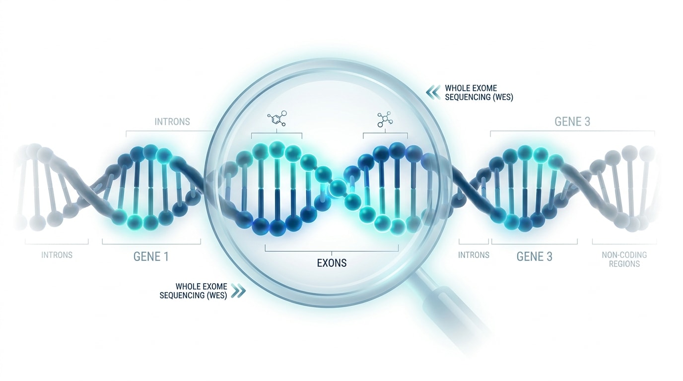 Scientific illustration showing whole exome sequencing focused on protein-coding exons.
