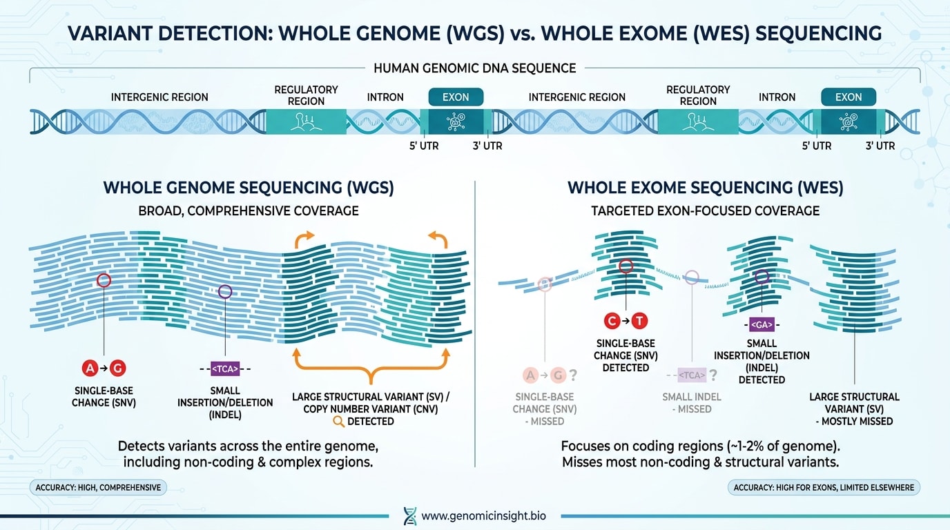Comparison of variant detection across genomic regions using whole genome sequencing and whole exome sequencing.