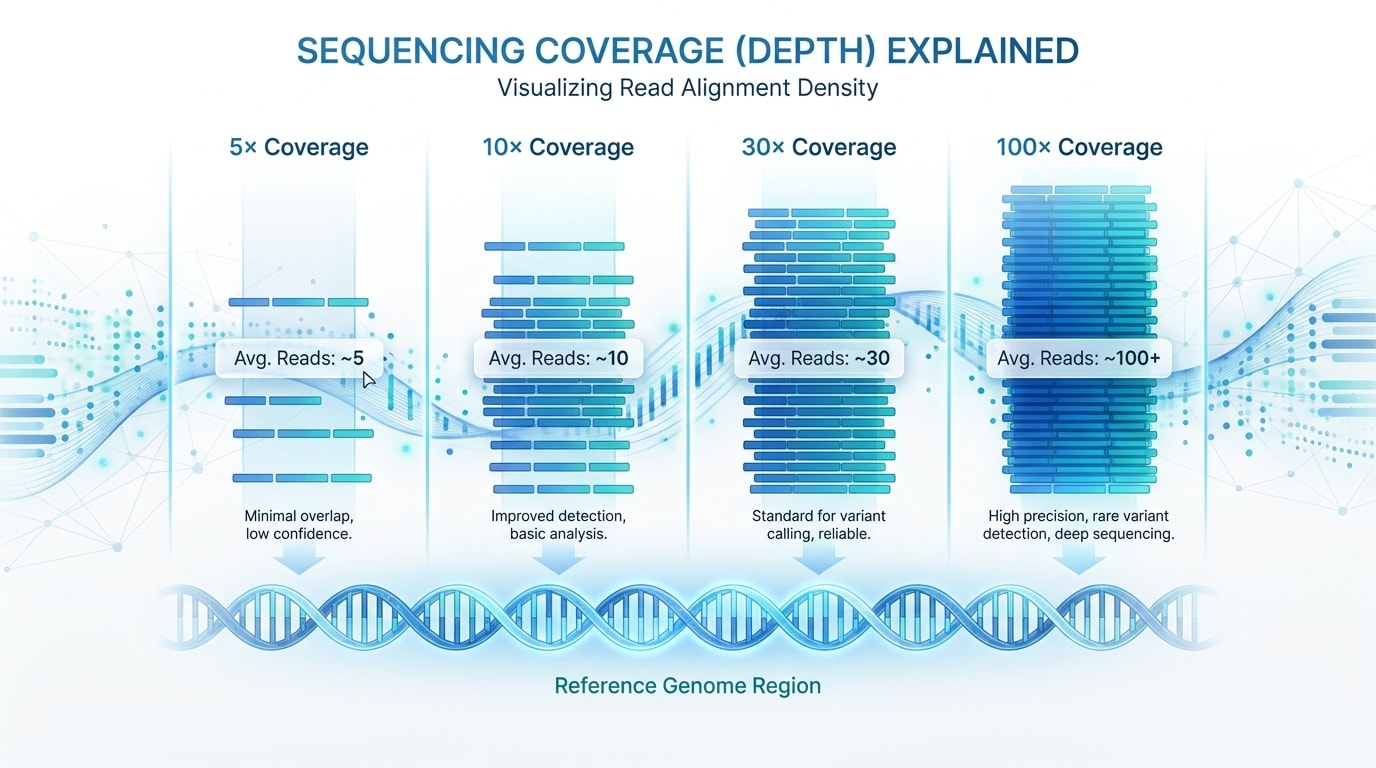 Infographic illustrating sequencing depth from 5× to 100× coverage using aligned DNA sequencing reads.