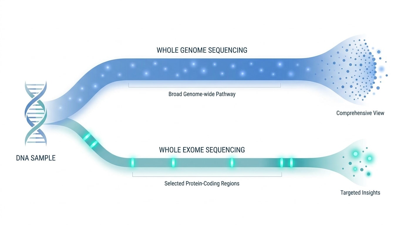 Visual comparison showing broad genomic coverage with WGS and targeted coding-region analysis with WES.