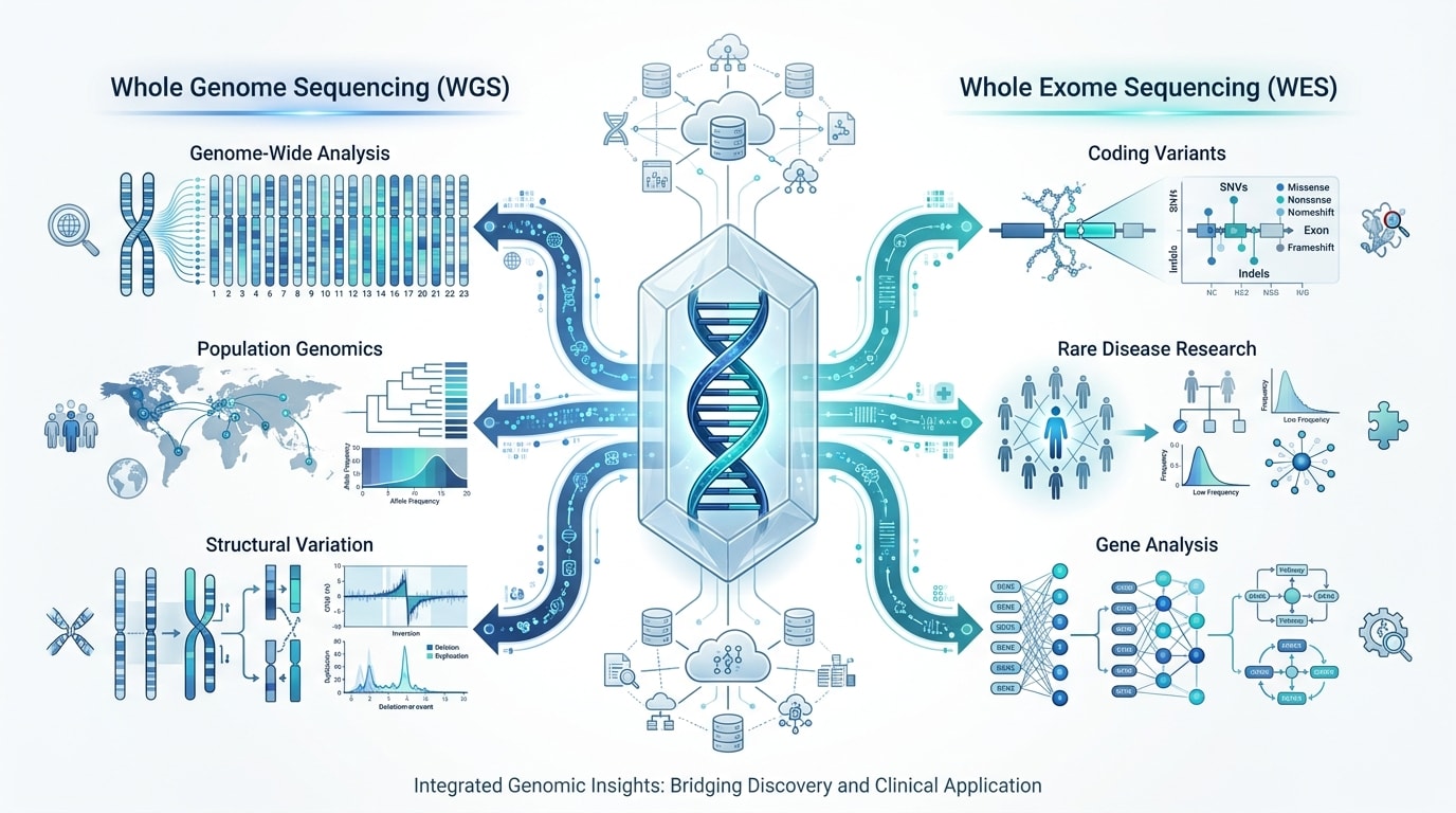 Illustration showing research applications of whole genome sequencing and whole exome sequencing.