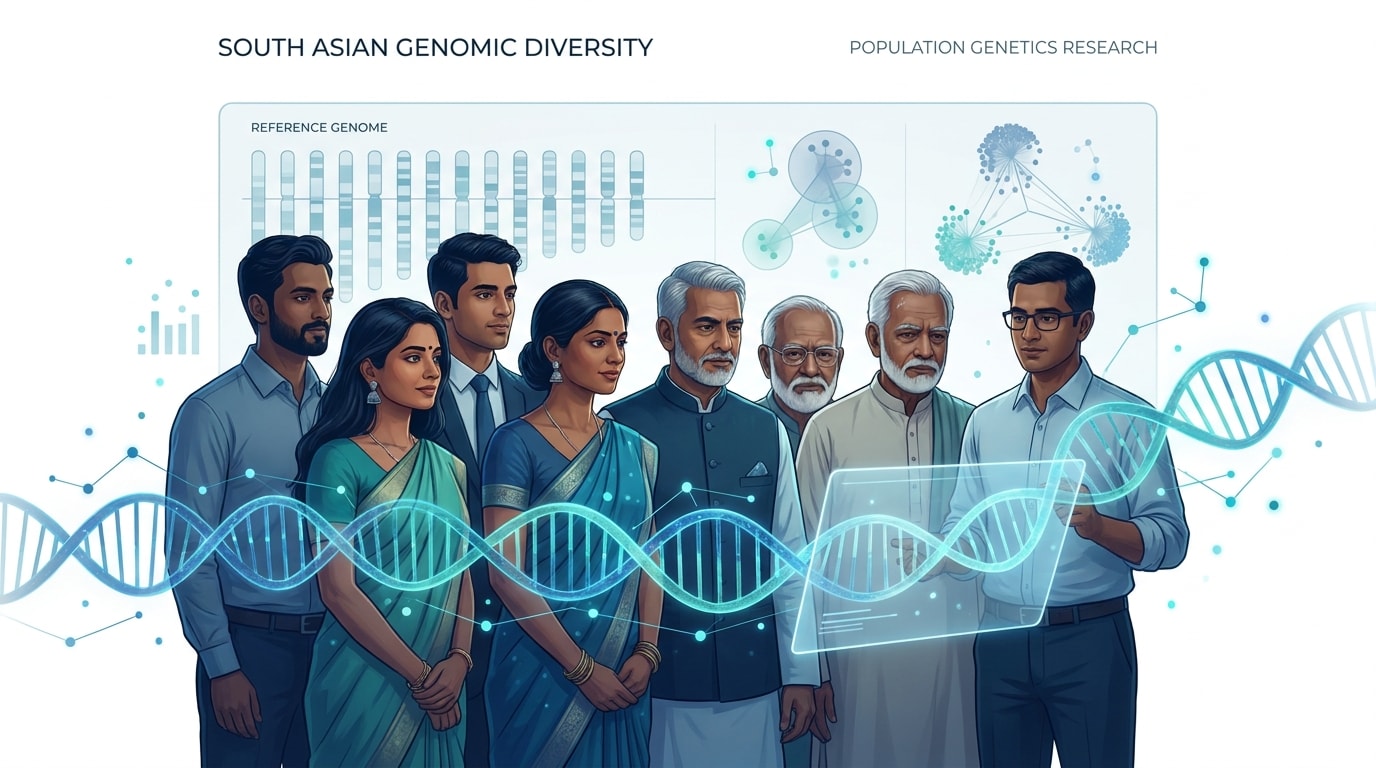 Scientific illustration representing South Asian genomic diversity and population-aware genetic analysis.