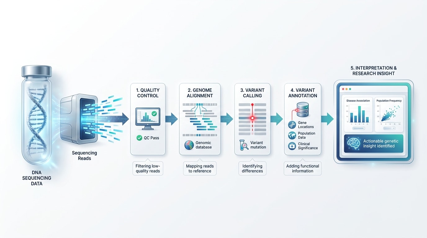 Bioinformatics workflow showing sequencing data progressing from quality control and variant calling to annotation and genetic interpretation.