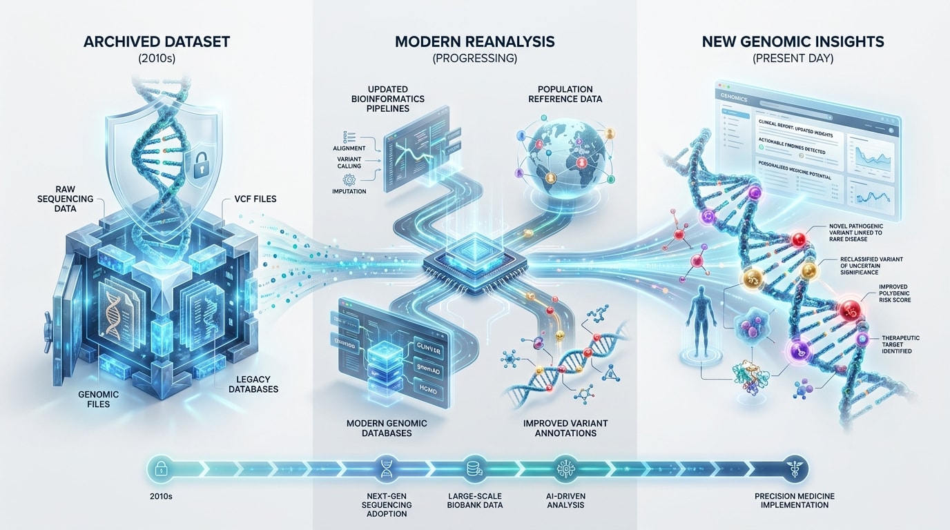Illustration showing archived sequencing data being reanalysed using updated genomic databases and bioinformatics methods.