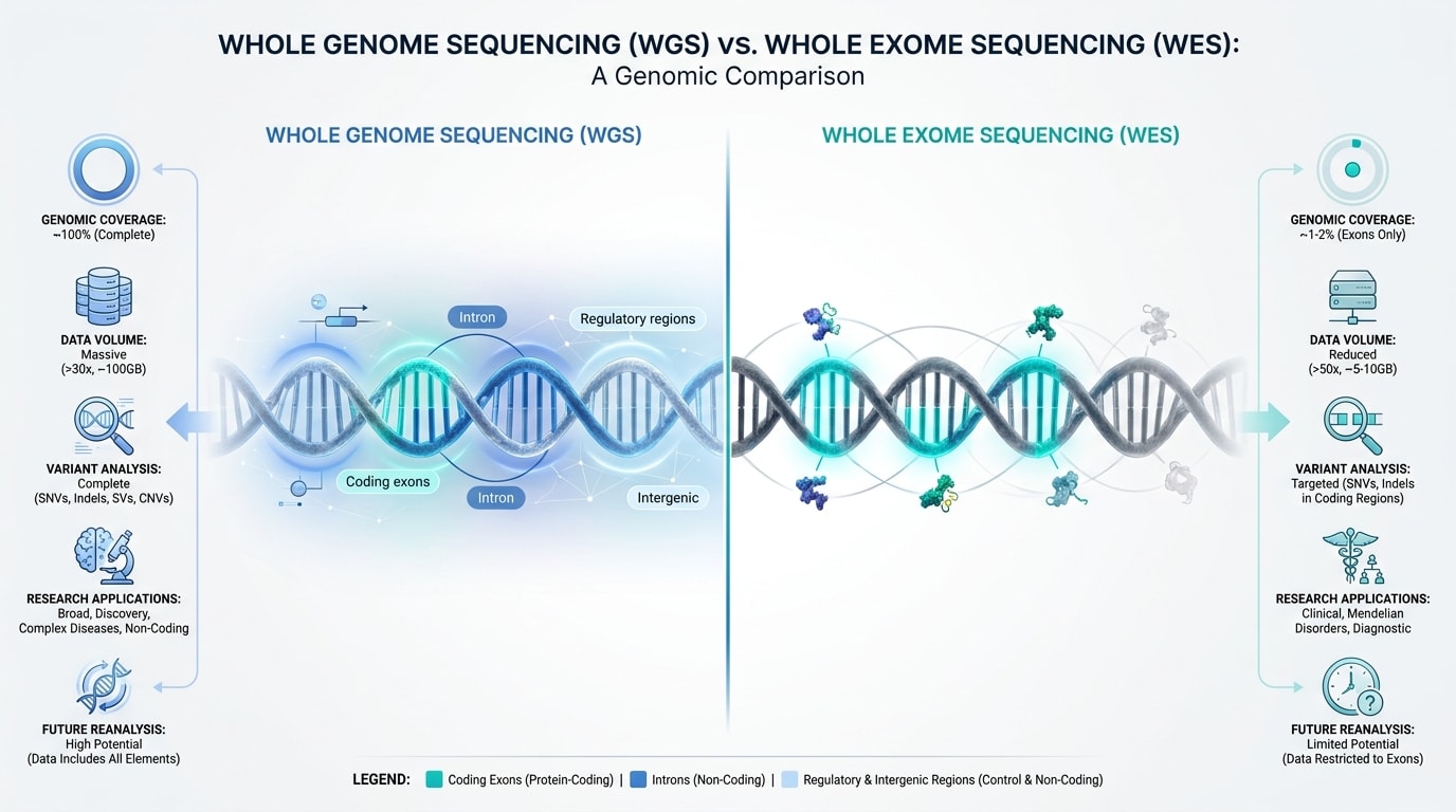 Visual comparison of whole genome sequencing and whole exome sequencing showing differences in genomic coverage and analysis scope.