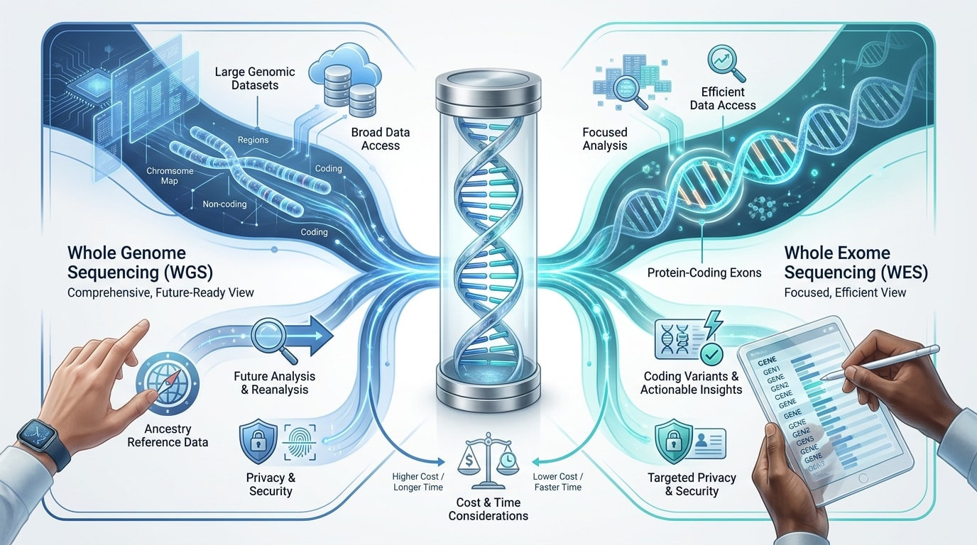 Illustration comparing WGS and WES based on genomic coverage, analysis, data access, future use, and research goals.
