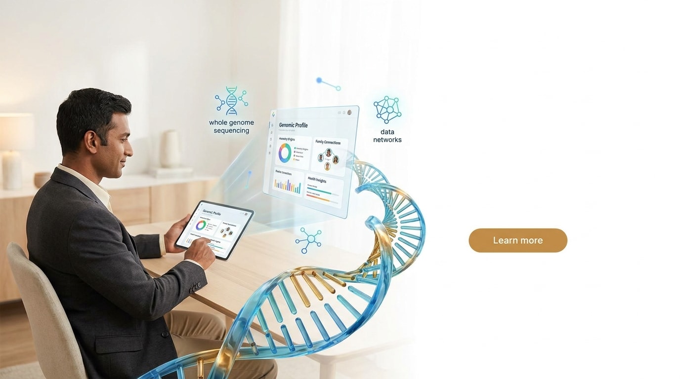 Person exploring genomic data and DNA sequencing information on a digital device.
