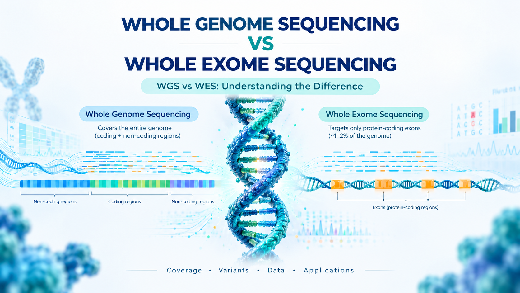Professional scientific infographic comparing Whole Genome Sequencing (WGS) and Whole Exome Sequencing (WES), showing WGS covering coding and non-coding regions of the genome while WES focuses on protein-coding exons, with DNA sequencing and bioinformatics visuals.