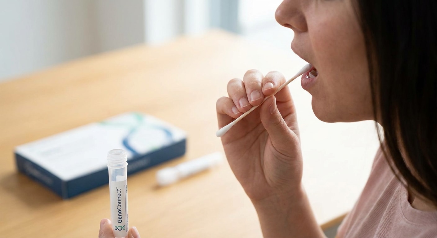 Person collecting a DNA sample using a cheek swab for whole genome sequencing.