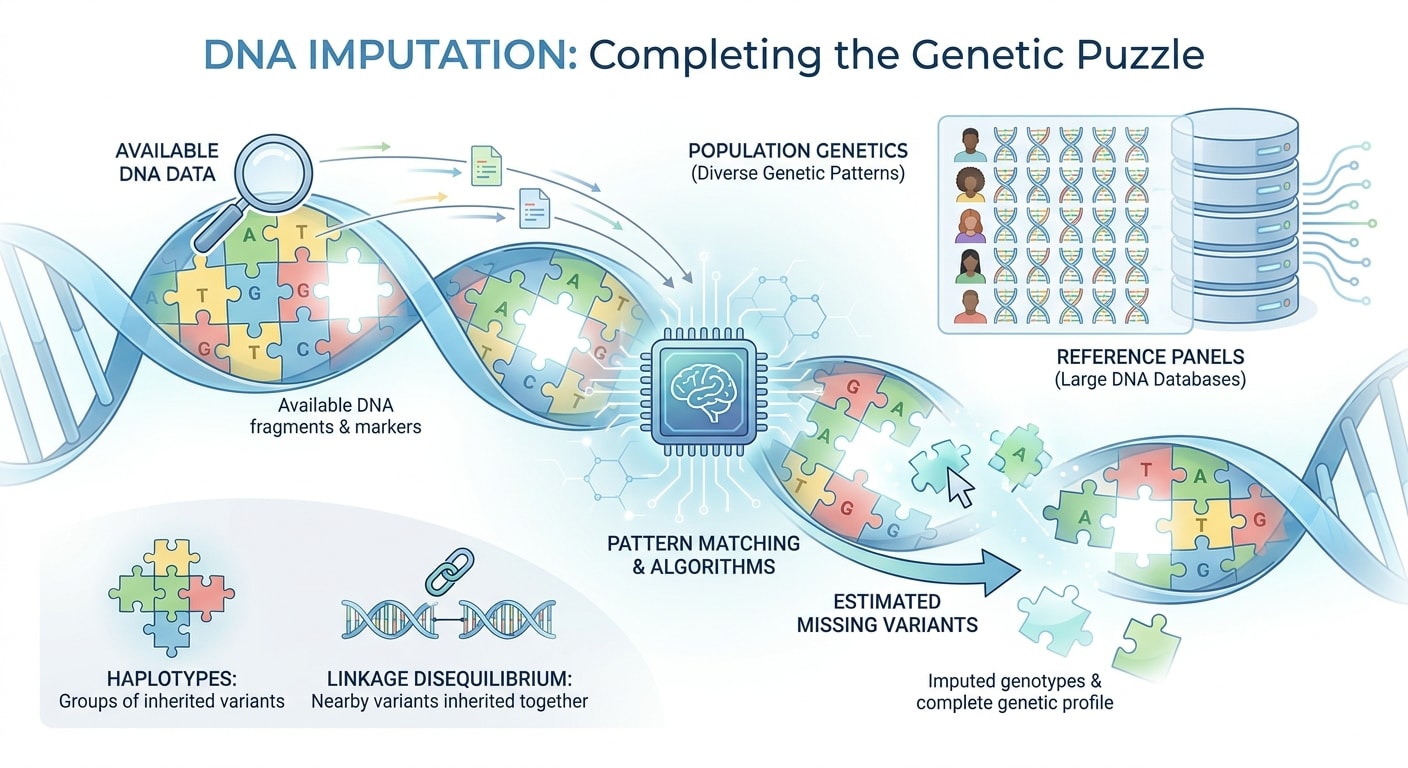 Illustration showing DNA imputation, where available genetic information is compared with genetic patterns and reference data to estimate missing DNA variants.