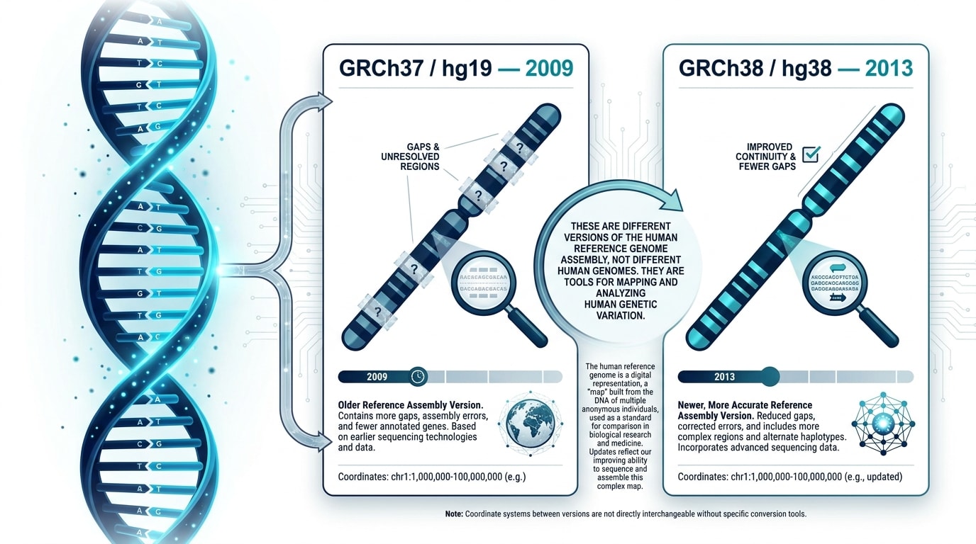 Comparison of GRCh37 hg19 and GRCh38 hg38 human reference genome assemblies