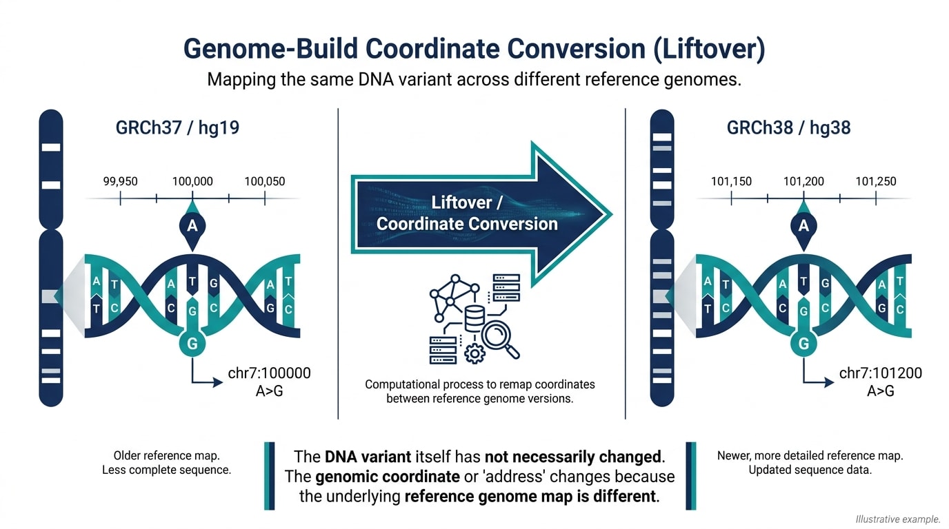 Illustration showing a hypothetical genomic coordinate converted from GRCh37 hg19 to GRCh38 hg38 using liftover