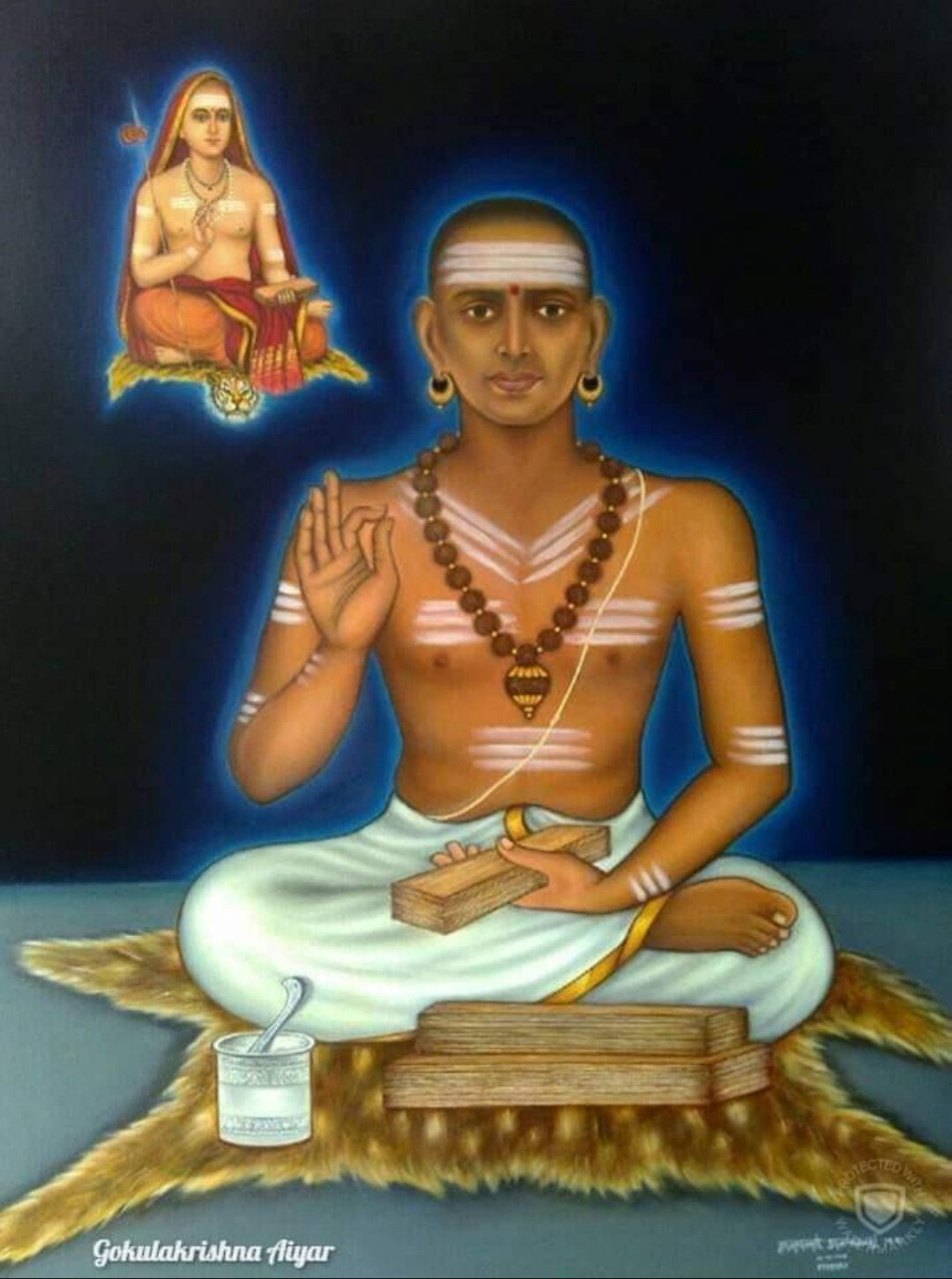 Painting of an Advaita scholar with Adi Shankara shown above. Painting: Gokulakrishna Aiyar.
