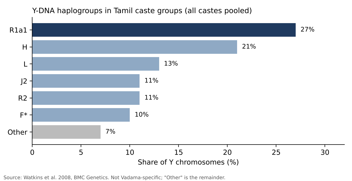 Y-DNA haplogroups among Tamil caste groups, pooled. Vadama-specific figures are not yet published.