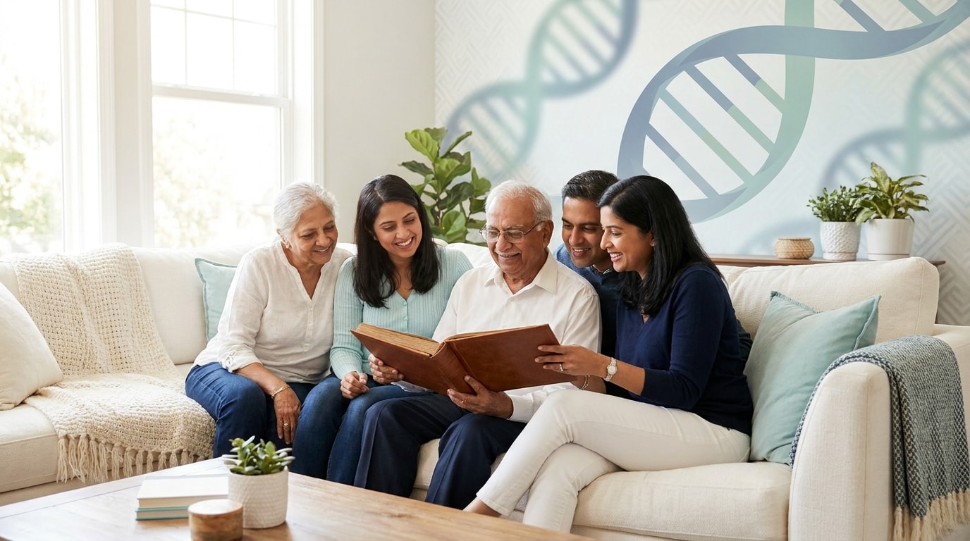 Multigenerational Indian family discussing their family health history, with a DNA illustration representing inherited genetic risk.