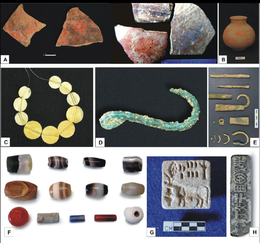 Figure 3. Objects from Harappan sites: painted pottery, gold beads, copper tools, stone beads and inscribed seals. The Indus script on the seals is still undeciphered.