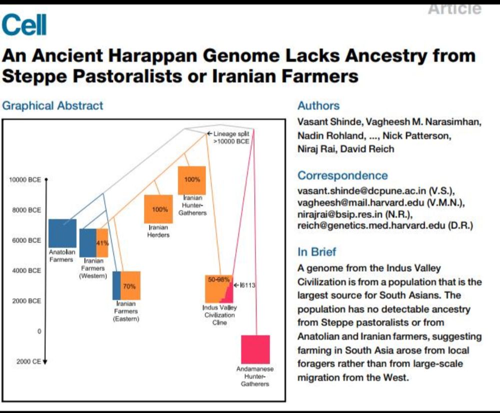 Figure 5. Graphical abstract of Shinde et al. (2019) [9]. The Rakhigarhi individual (I6113) falls on the Indus Valley Civilisation cline, a mix of Iranian-related and AASI ancestry, with no Steppe ancestry. Source: Cell.
