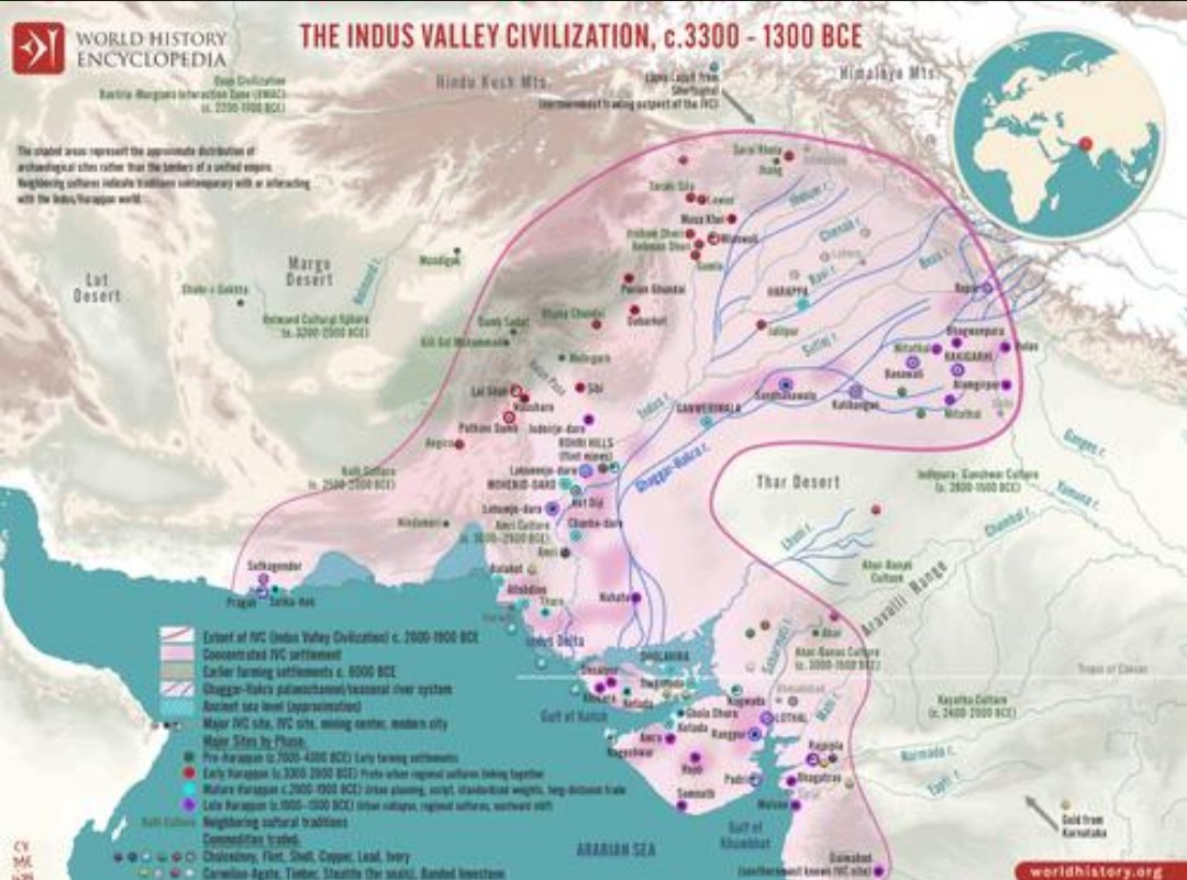 Figure 2. The spread of Indus sites, about 3300 to 1300 BCE, from Baluchistan to Gujarat and the upper Ganga-Yamuna doab. Map: World History Encyclopedia