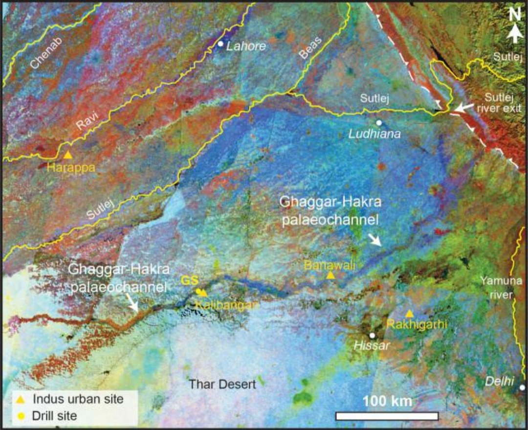 Figure 3. Satellite image of the dry bed of the Ghaggar-Hakra, with Indus sites such as Harappa, Kalibangan, Banawali and Rakhigarhi marked.