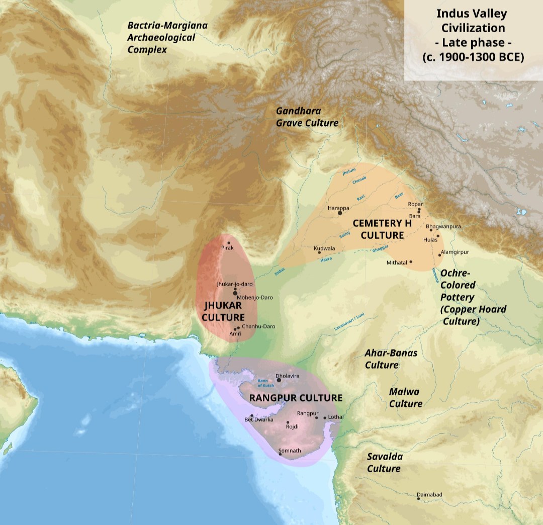 Figure 5. The Late Harappan period, about 1900 to 1300 BCE. Each region now had its own culture: Cemetery H in the Punjab, Jhukar in Sindh and Rangpur in Gujarat.