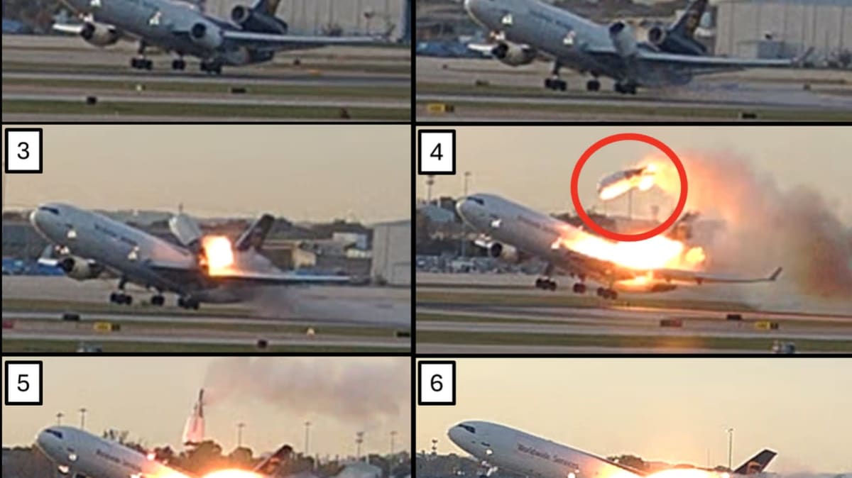 Dramatic Photos Of Doomed UPS Plane Show The Aircraft On Fire, Engine Flying Off